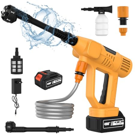 Hidrolimpiadora Bateria, 65 Bar Hidrolimpiadora Portátil con 1 Baterías, 10 Niveles de Presión Ajustables, Boquilla 6 en 1, Manguera 5 m, Hidrolimpiadora Inalámbrica para Jardín, Coche
