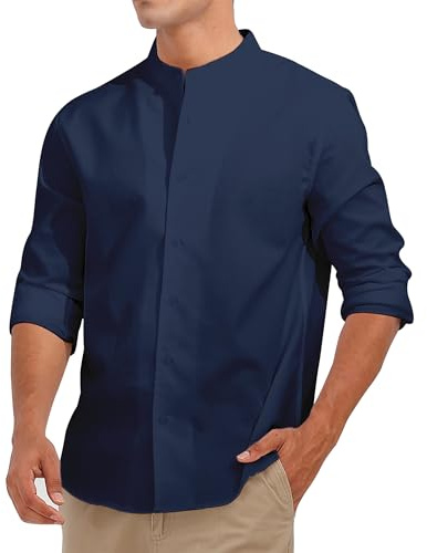 Fanient Camicia da Uomo,vestibilità Regolare,in Cotone e Lino,per Il Tempo Libero,per Feste,Tutti i Giorni,Tinta Unita,Taglia L