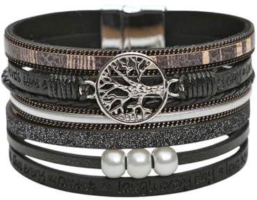 Karma NH10595353_schwarz Wickelarmband Lebensbaum schwarz PU Leder Armband Damenarmband Lederarmband modern (Schwarz)