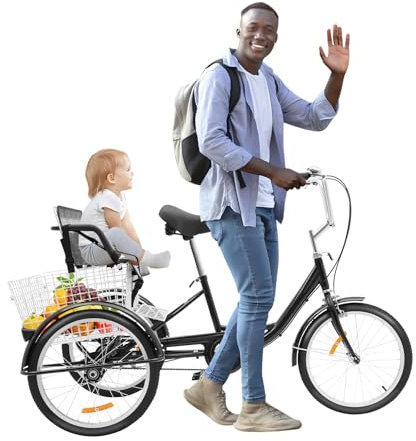 20 Zoll Erwachsenen-Dreirad mit Kindersitz, Dreirad Fahrrad mit Verstellbarer Lenker, Sattel und Korb, 3 Rad Fahrrad für Erwachsene Senioren, für Erholung, Einkaufen, Picknicks