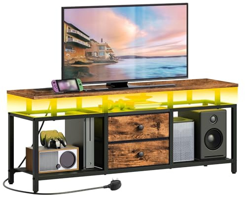 YATINEY 106 cm TV Stand with Charging Station and LED Lights, Upper Surface | TV Stand Cabinet for TVs up to 45, with Drawers and Storage Shelving, TV Unit for Living Room, Rustic Brown XDS03KDBR