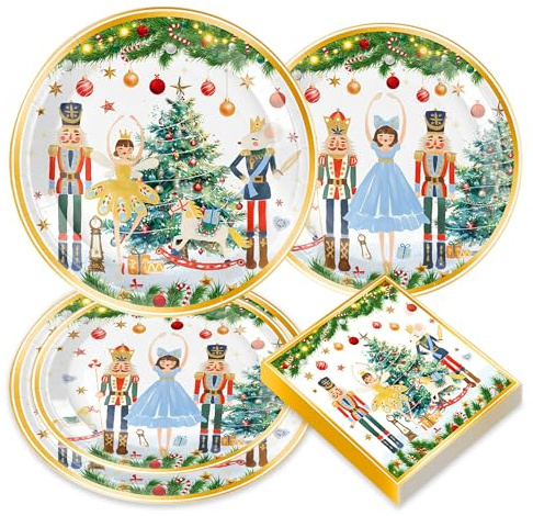 Roaring Good Time Christmas Nutcrackers Party Supplies Nutcrackers Plates Napkins Tableware Xmas Snowflake Plates for Winter Holiday Seasonal Party Decorations Serve 10