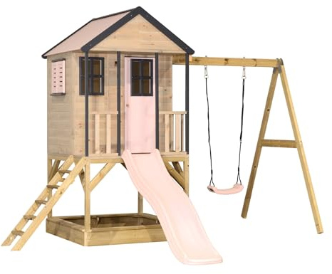 Wendi Toys M50PP Cabane sur Pilotis avec Toboggan et Balançoire, Maison de Jeu en Bois FSC pour Enfants, Outdoor Jardin, Plateforme 90 cm, Toboggan 175 cm, Bac à Sable, Résistant aux Intempéries