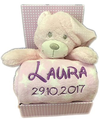 Babydecke mit Name & Geburtsdatum bestickt inkl. Plüsch Stofftier - Geschenk Taufe Geburt/CE-Zertifizierung (Rosa - TEDDY mit SCHLAFMÜTZE)