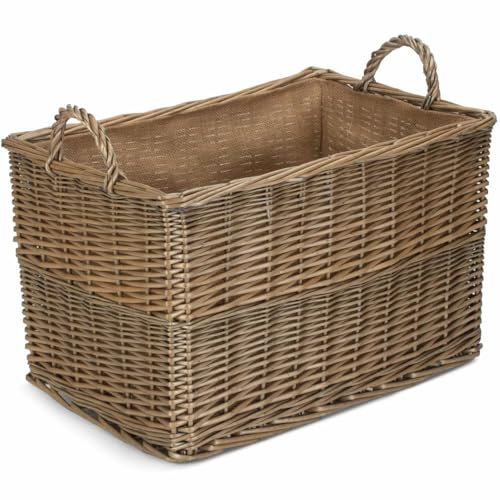 Red Hamper Small Antique Wash Rectangular Hessian Lined Wicker Basket, Brown, H25 x W28 x D37cm