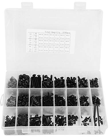 Tornillo, tuerca, juego de tuercas de tornillo, 1080 piezas de acero al carbono negro Cabeza semicircular Tornillo hexagonal Tuerca Perno Arandela plana Combinación de llave