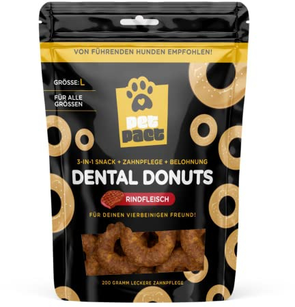 PetPact DENTAL Donuts – gesunde Leckerlis mit Zahnpflege-Effekt für große & kleine Hunde – 3-in-1 Snack + Zahnpflege + Belohnung – trocken, getreidefrei – 200 g - Geschmack: Rind