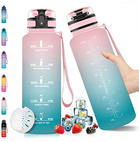 Vikaster Sportflasche, Wasserflasche 1,5 Liter, Trinkflasche Kohlensäure Geeignet, BPA Frei, Fitness wasserflasche mit Zeitmarkierung&Filter, für Outdoor, Yoga, Gym, Rosa/Cyan Farbverlauf-1,5l