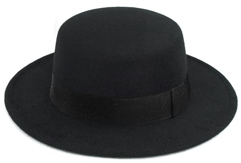 Women Classic Black Fedora Hat Flat Top Porkpie Hat Felt Boater Church Derby Hat for Men, Black-c, M