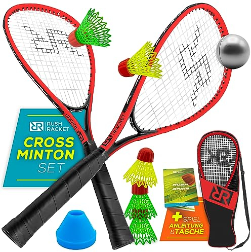 Rush Racket Speed Badminton Set RS3 – 5-teiliges Crossminton Set mit 2 Turbo Badminton Schlägern, 5 Federbällen, 1 Softball, 8 Feldmarkierungen & Tragetasche – Outdoor & Indoor Speedbadminton - Rot