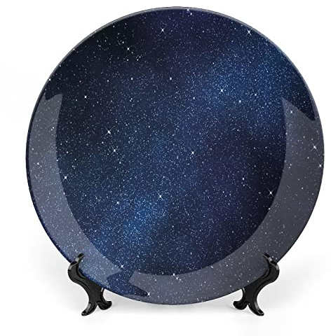 8 Inch Decorative Plate,Night Ceramic Plate, Space with Billion Stars Inspiring View Infinite Universe Print Ceramic Wall Hanging Decor Accessory for Dining Table Tabletop Home Decor, Dark Blue White