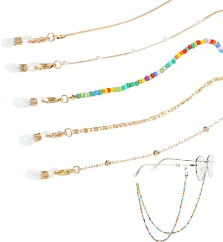 5 Pièces Chaîne/Cordon de Lunettes Coloré Lunettes De Soleil Antidérapantes pour Femme Homme Enfants Chaîne Lunettes Femme Cordon Lunettes de Soleil Réglable Antidérapante Sangle Attache Ficelle
