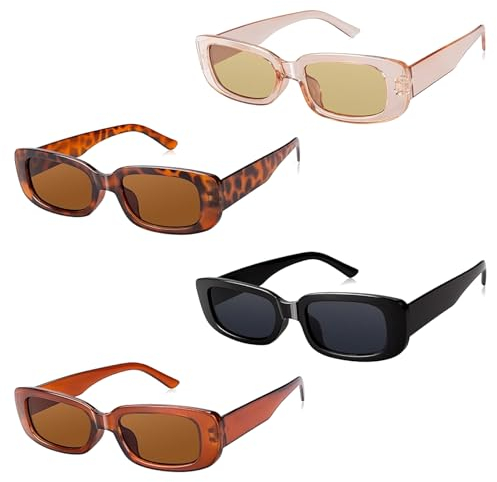 ​​Lot de 4 Lunettes de Soleil Rectangulaires Vintage pour Femme - Style Rétro Multicolore avec Monture Étroite - Protection UV Intégrée - Accessoire de Mode Élégant pour Toutes Occasions Estivales​​