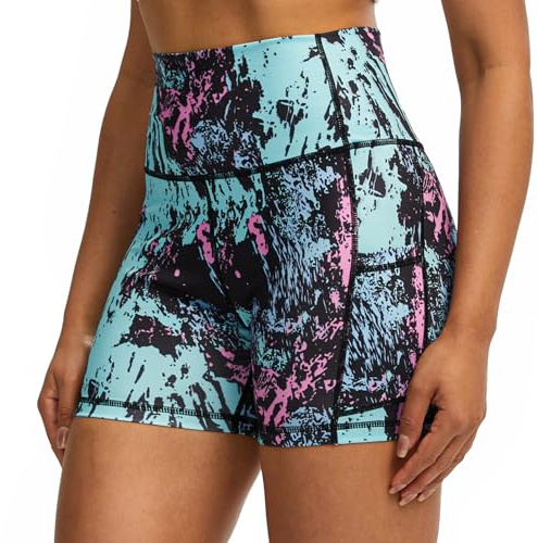 Tuspryt Korta sportbyxor dam, sportshorts dam, ogenomskinliga korta joggingbyxor dam med fickor, Färgglatt tryck, L
