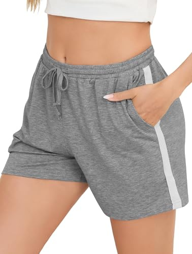 Vlazom Sportshorts för dam bomull sommar sportshorts randiga korta joggingbyxor med fickor för jogging löpning S-XXL, Färg: grå, XXL