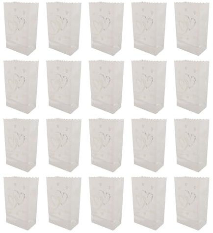 Beufee 20Pcs Luminary Bags, Heart Pattern White Paper Tea Light Candle Lantern Bags Luminaries Bags for Wedding, Halloween, Thanksgiving, Party, Christmas