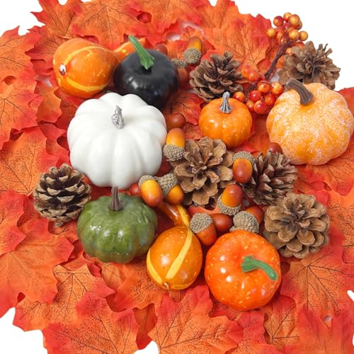 160pcs Autumn Decor Set Artificial Pumpkins Pine Cones Acorns Maple Leaves | 160-piece autumn decor set with artificial pumpkins, pine cones, acorns and maple leaves for Thanksgiving and Halloween