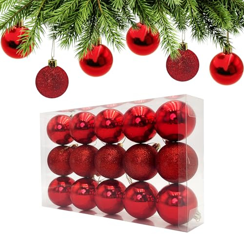 AiTodos 15 Stück Rote Weihnachtskugeln - 3Designs-6cm Unzerbrechliche Weihnachtsbaumschmuck, Glänzende & Mattierte Rote Kugeln für Weihnachtsbaum, Heimsfeier, Krone, Girlanden Deko