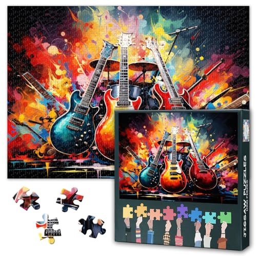 Puzzles pour Adultes 1000 Pièces, Instruments de Musique sur Grunge Coloré Abstrait Puzzle 1000 Pièces, Guitare Acoustique et Guitare Électrique, Puzzle Impossible, 50x70cm