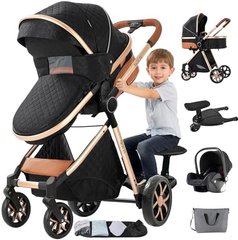MoLi Barnvagn 3-i-1, barnvagn set vändbart dubbelskjutläge, kombibarnvagn 3 i 1 stor bekväm babybadkar, buggy ram aluminiumlegering vikbar (FV9 svart)