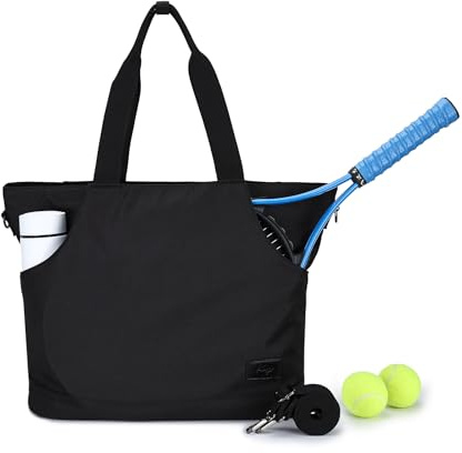 Kasgo Groß Tennis Tote Bag, 21,4L Pickleball Schlägertasche Tennistasche Leicht Wasserabweisend Handtasche Damen Herren​​ Shopper Tasche Umhängetasche Sporttasche für Reisen Fitness Schwarz