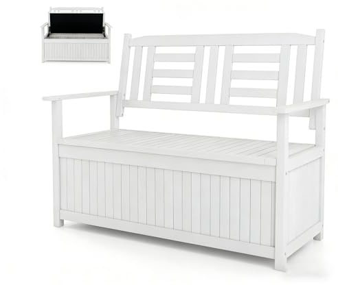 KOMFOTTEU Banco Arcón de Jardín de 2 Plazas, Banco Exterior de Madera Maciza con Almacenamiento 185 L, Baúl Contenedor con Reposabrazos y Respaldo, Carga 250 kg, 123 x 68,5 x 96 cm (Blanco)