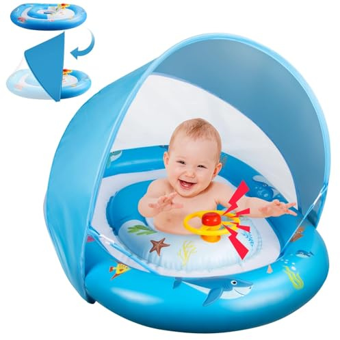 GOHHME Salvagente Neonato Design a Doppio Anello per Maggiore Sicurezza Parasole Regolabile Sede Sicura e Confortevole Corno Giocattolo Regali d'acqua estivi Piscina Salvagente per Bambini