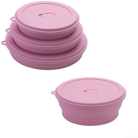 Ciotole pieghevoli in silicone con coperchi, stoviglie salvaspazio per campeggio e viaggi (3 pezzi, viola)