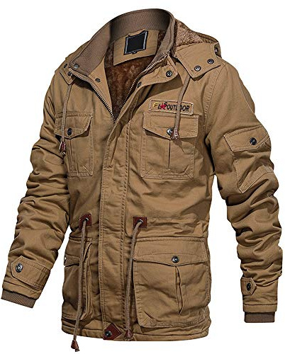 EKLENTSON Men's Military Windbreakers Coats Casual Warm Cargo Jacket Fleece Lining Motorcycle Outwear with Multiple Pockets Khaki