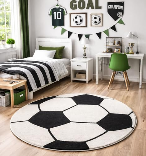 the carpet Lou - Tapis Doux pour Enfant - Doux - Facile d'entretien - Couleurs résistantes - Aspect 3D - Motif Football - Noir/crème - 120 cm - Rond