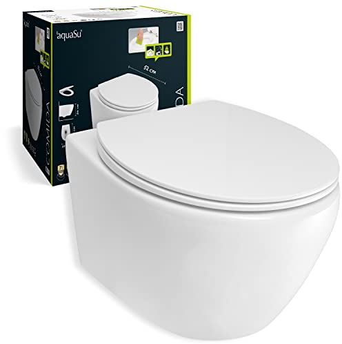 aquaSu® Spülrandloses Wand WC Set Comida, Design-Toilette, Hänge WC, Tiefspüler, Keramik, Abgang waagerecht, WC-Sitz mit Absenkautomatik, Duroplast Toilettendeckel, Weiß, 04879 8
