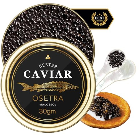BESTER CAVIAR Premium Osetra Sturgeon Caviar – Traditionally Harvested Malossol Ossetra Black Roe with Mother of Pearl Spoon – Single Tin (1 oz)