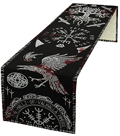 kikomia Baumwolle Leinen Tischläufer Rechteckige Wikinger Rabe Baum des Lebens Tischdecke für Hochzeit Urlaub Heimdekoration Wikinger Dekorativ Abdeckung Tischplatte (33×183cm, Blood)