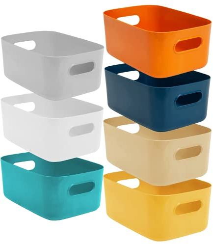 SA Products 7 Pack Plastic Storage Boxes | Colourful Storage Baskets with Handles | Stackable Cupboard Organiser | Kitchen Cupboard Storage for Bathroom, Bedroom, Office, School and Home