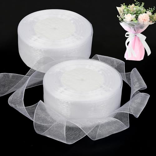 Set med 2 vita organza-band, 45 m x 4 cm, glittrande | Bred, transparent, vit, bröllop, jul, thanksgiving, presentförpackning