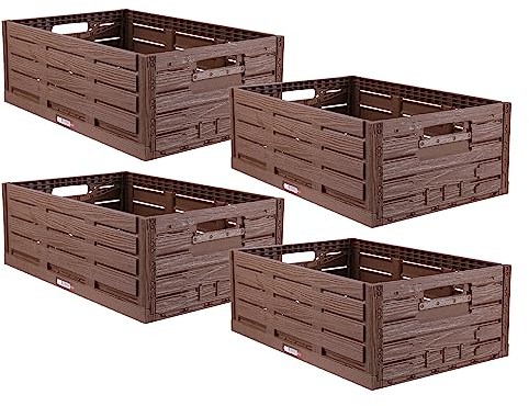 Bestlivings Lot de 4 boîtes pliables robustes - Design en bois - 60 x 40 x 21,8 cm (L x l x H) - Panier à provisions empilable et pliable - 45 l - Caisse pliante robuste - Caisse à légumes et à fruits