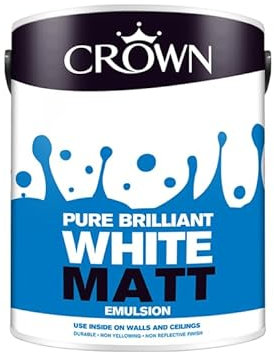 Crown Matt Emulsion Paint-Pure Brilliant White Paint For Walls & Ceilings-Excellent Coverage With Non Reflective Finish-Touch Dry In 2 Hours-5 L