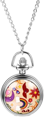 JewelryWe Silver Pocket Watch for Women Stylish Colorful Pattern Quartz Necklace Pendant Watch