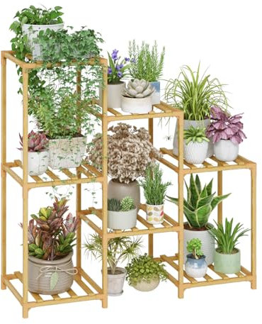 Bamworld Bamboo Plant Stand Indoor Boho Plant Shelf Tiered Plant Rack for Multiple Plants 3 Tiers 7 Pots Ladder Plant Holder Plant Table for Plant Pots Home Decor for Gardening Gifts Nature Color