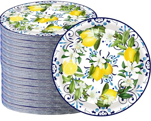 50PCS Capri Lemon Party Supplies7Lemon Paper Plates Blue Tiles Yellow Lemon Party Plates Capri Lemon Plates Summer Citrus Fruit Paper Plates for Summer Birthday Lemons Party Decoration (Blue Tile)