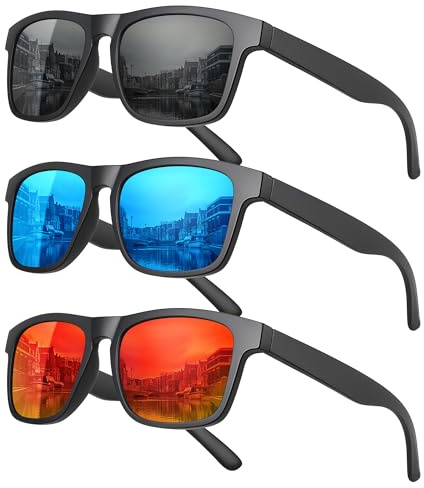 MEETSUN Polarized Sunglasses For Men Women UV Protection Square Frame Sport Fishing Driving Sunglasses (3 Pack) Black/Ice blue/Red