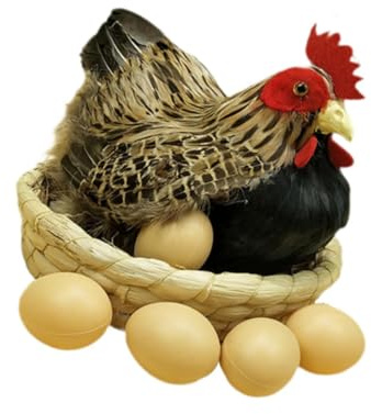 Fenteer Simulation Poule Modèle Ornement Simulation Poule Figurine Réaliste Statue de Jardin Plume Artificielle Accessoire pour Maison Jardin, 6 œufs