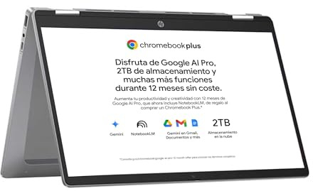 HP Chromebook Plus x360 - Ordenador portátil de Google 14 FHD (i3-N305, 8GB RAM, 256GB, ChromeOS) + Suscripción Google AI Pro con Gemini Pro y 2TB de Almacenamiento Durante 1 año - QWERTY Español