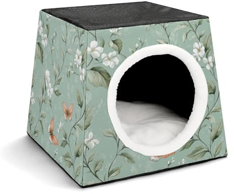 Pastel Green Floral with Butterflies Pet Sleeping House Pets Nest Foldable Warm Cave with Pad Bed for Dogs Cats