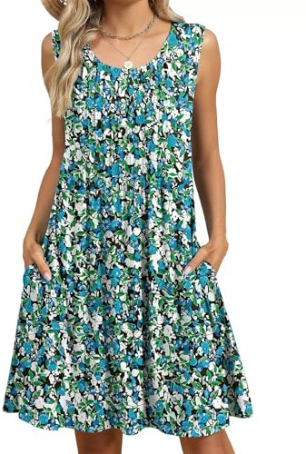 PICKLION Robe Ete Femme Mi Longue Robes Plage Boheme Robe Chic Floral sans Manche Robes avec Poches S-2XL