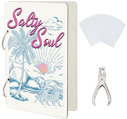 SUPERDANT Album Carte Postale de Vœux Summer Beach Classeur de Cartes de Vœux Salty Soul Classeur de Cartes en Bois Ocean Beach Album de Cartes Postales à 2 anneau avec Perforatrice et 20 pochettes