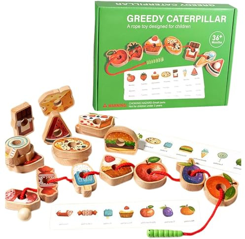 Wooden Caterpillar Rope Toy, Fruit & Vegetable Caterpillar Lacing Bead String Game, Montessori Fine Motor Skills Farm Toys for Kids