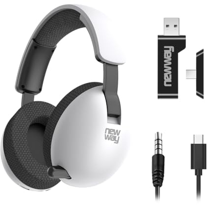 NEWWAY NH251 Trådlösa hörlurar - infällbar mikrofon - trippelläge 2,4 Ghz/BT/3,5 mm uttag - USB/USB-C-mottagare, för PC, bärbar dator, smartphone, konsoler, surfplatta och Mac (vit)