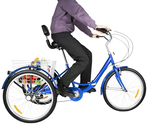 Mqwdxzfes 24 Inch Foldable Adult Tricycle, 7-Speed Folding Trike with Backrest & Rear Basket, Adjustable Cycling Tricycle for Seniors, Adults, Shopping, Leisure Riding & Outdoor Sports, 120KG Load