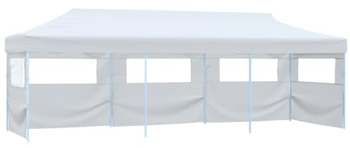 Nqyjm Trädgårdspaviljong utomhus vikbar infällbar mottagningstält med 5 väggar 3 x 9 m vit, lusthus tält för bröllop, fester, camping, kommersiella evenemang